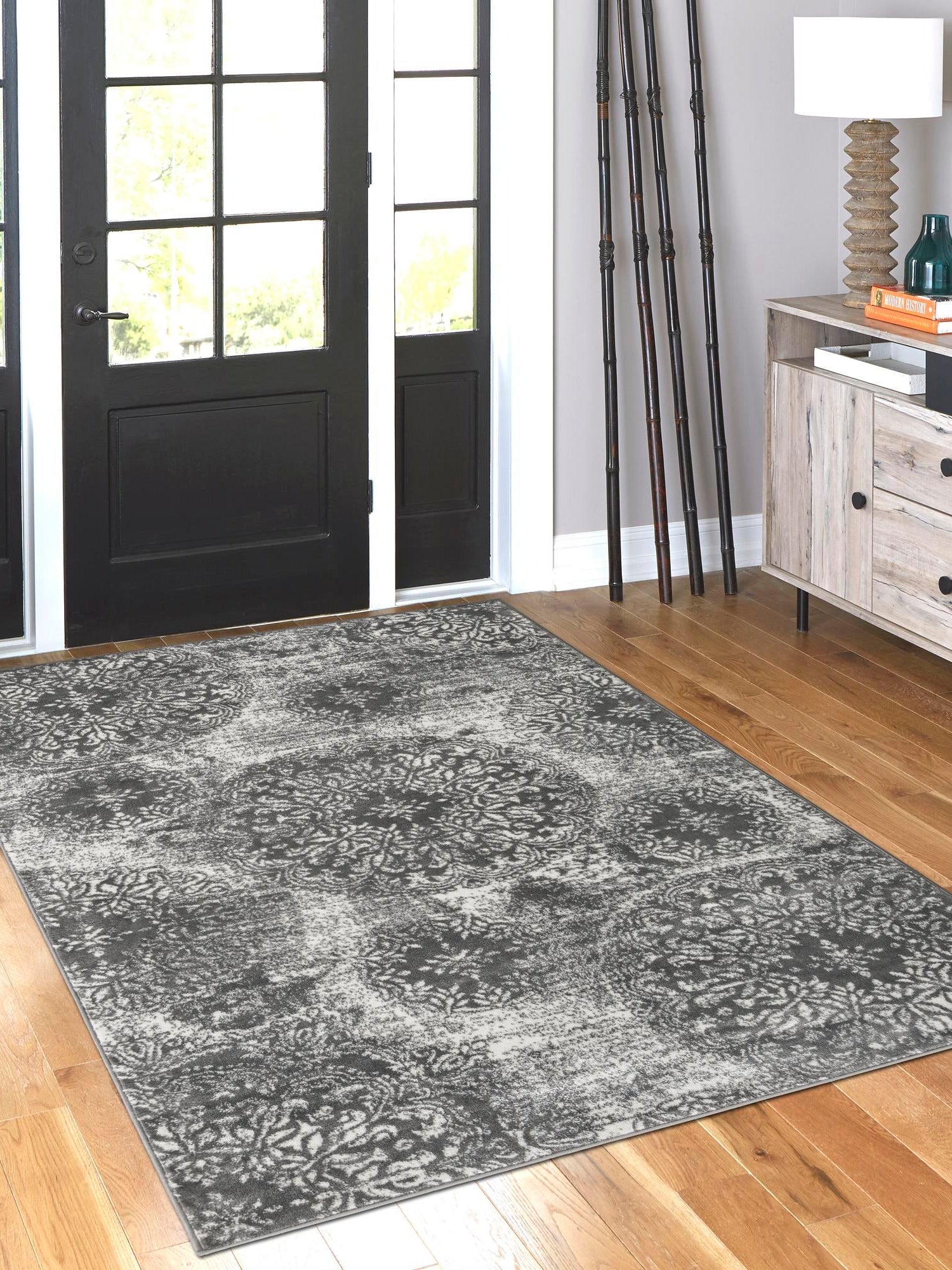 Gray 4' 1 x 6' 1 Sofia Rectangle Area Rug Durable Easy Clean Stain Resistant Unique Carpet for Affordable Interior Home Design for Sale at Rug Engine