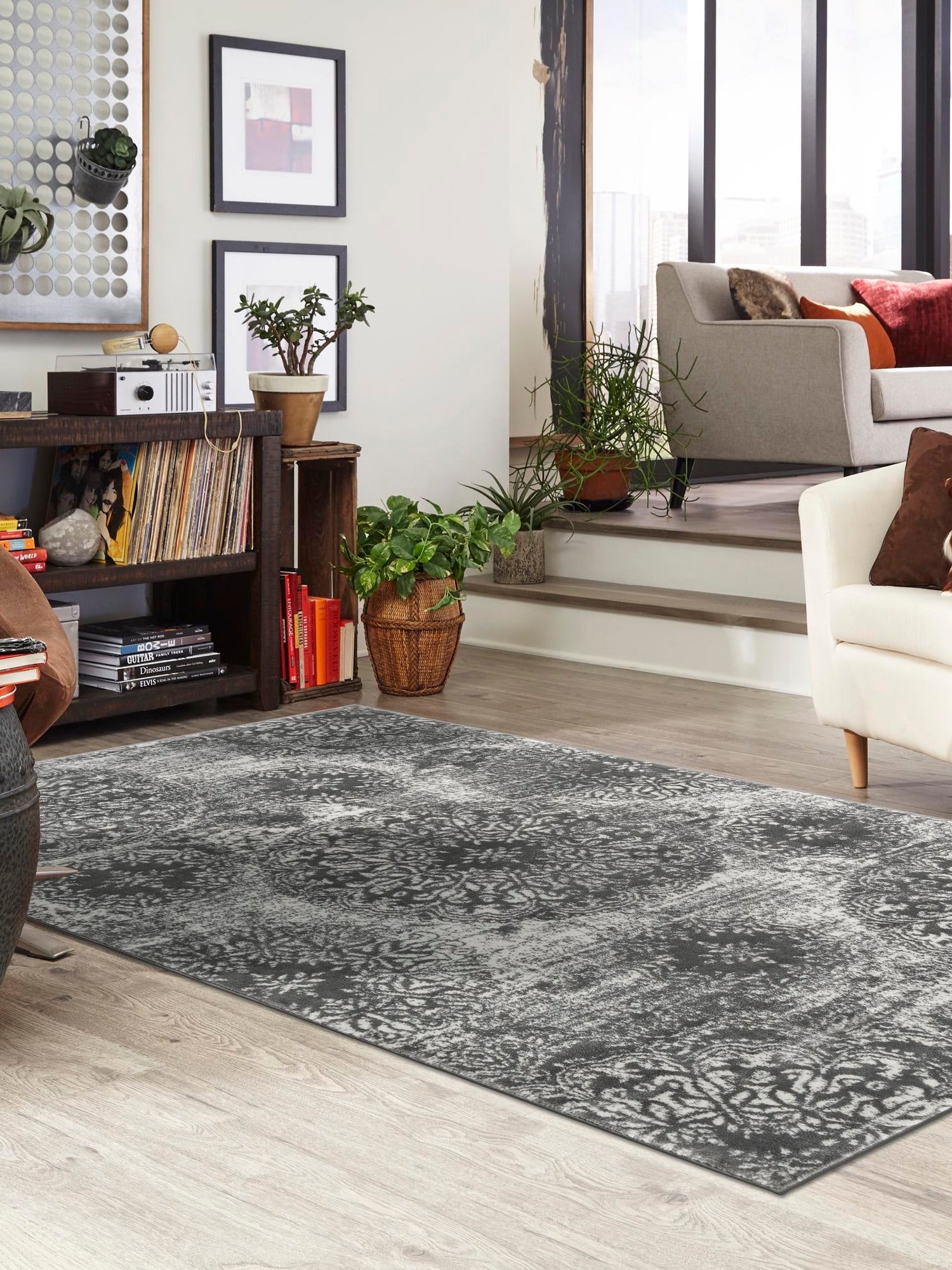 Gray 4' 1 x 6' 1 Sofia Rectangle Area Rug Durable Easy Clean Stain Resistant Unique Carpet for Affordable Interior Home Design for Sale at Rug Engine