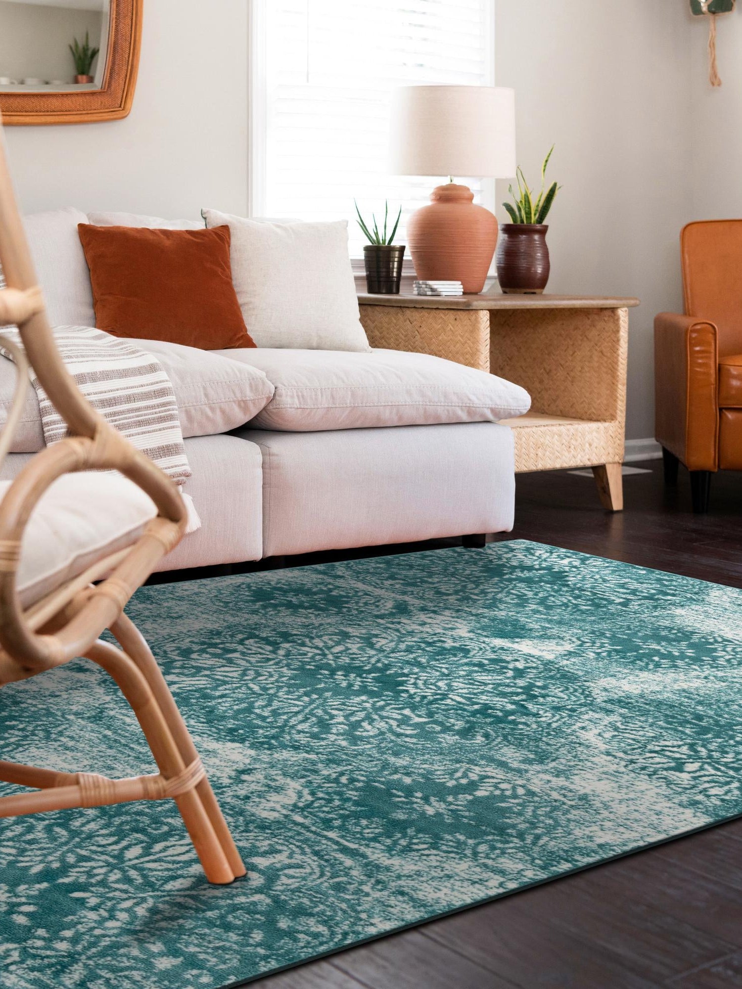Turquoise 6' 1 x 9' Sofia Rectangle Area Rug Durable Easy Clean Stain Resistant Unique Carpet for Affordable Interior Home Design for Sale at Rug Engine