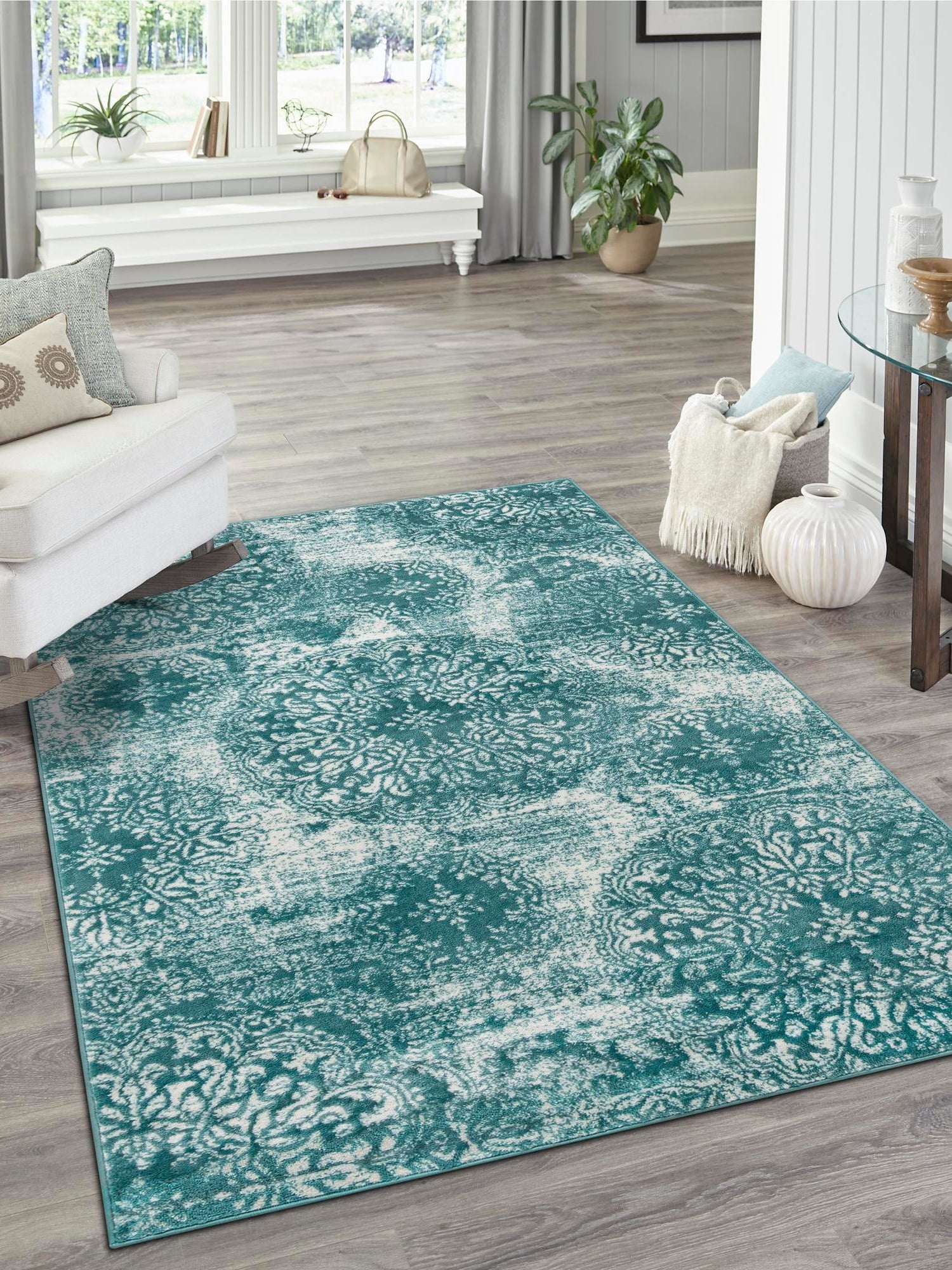 Turquoise 9' x 12' Sofia Rectangle Area Rug Durable Easy Clean Stain Resistant Unique Carpet for Affordable Interior Home Design for Sale at Rug Engine