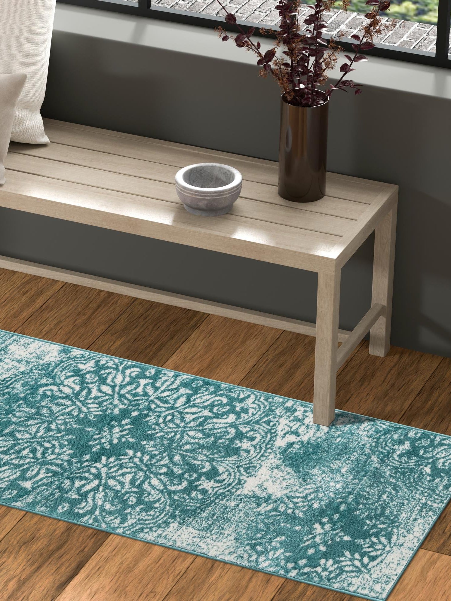 Turquoise 3' 3 x 19' 8 Sofia Runner Area Rug Durable Easy Clean Stain Resistant Unique Carpet for Affordable Interior Home Design for Sale at Rug Engine