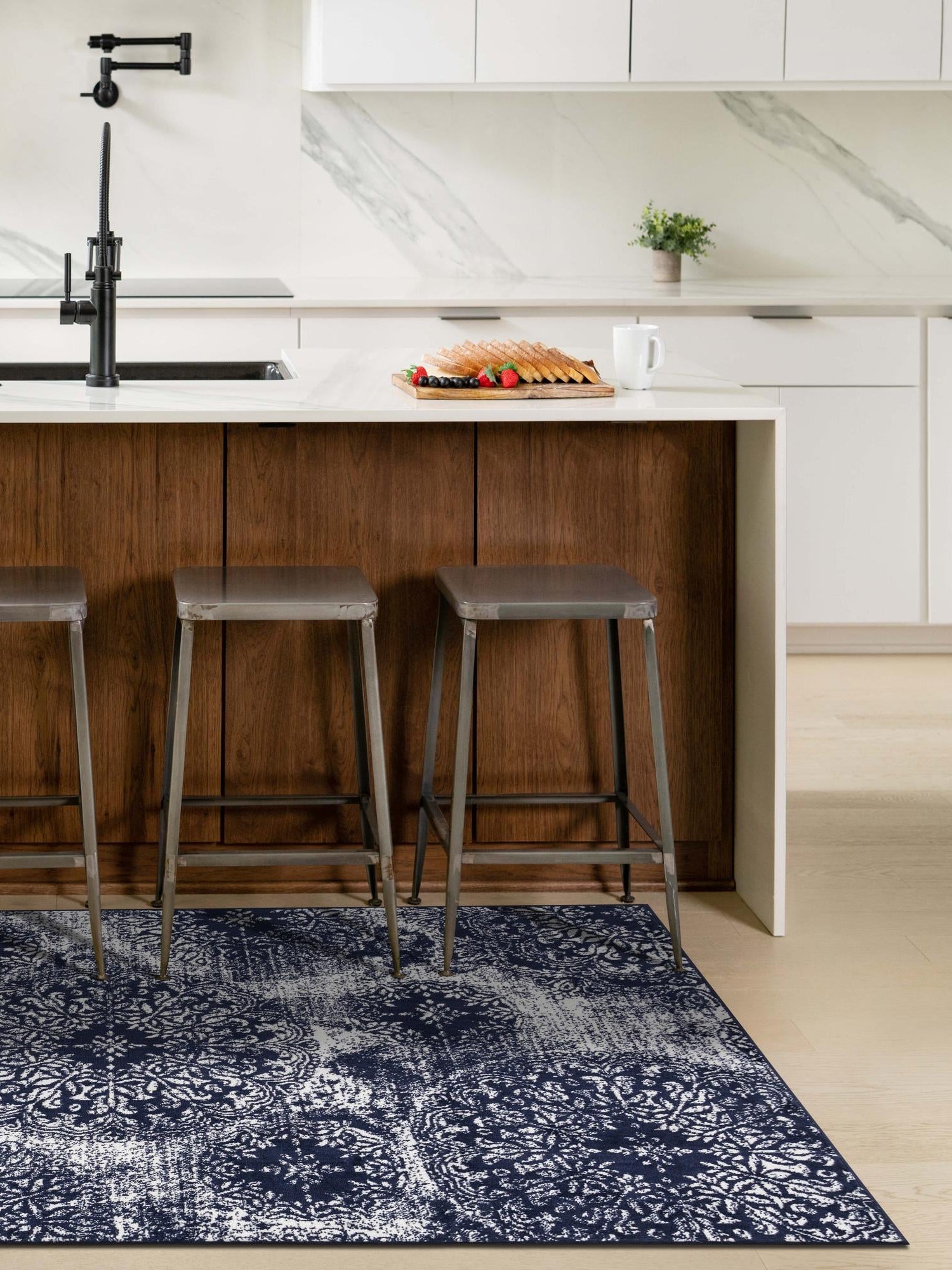 Navy Blue 6' 1 x 9' Sofia Rectangle Area Rug Durable Easy Clean Stain Resistant Unique Carpet for Affordable Interior Home Design for Sale at Rug Engine
