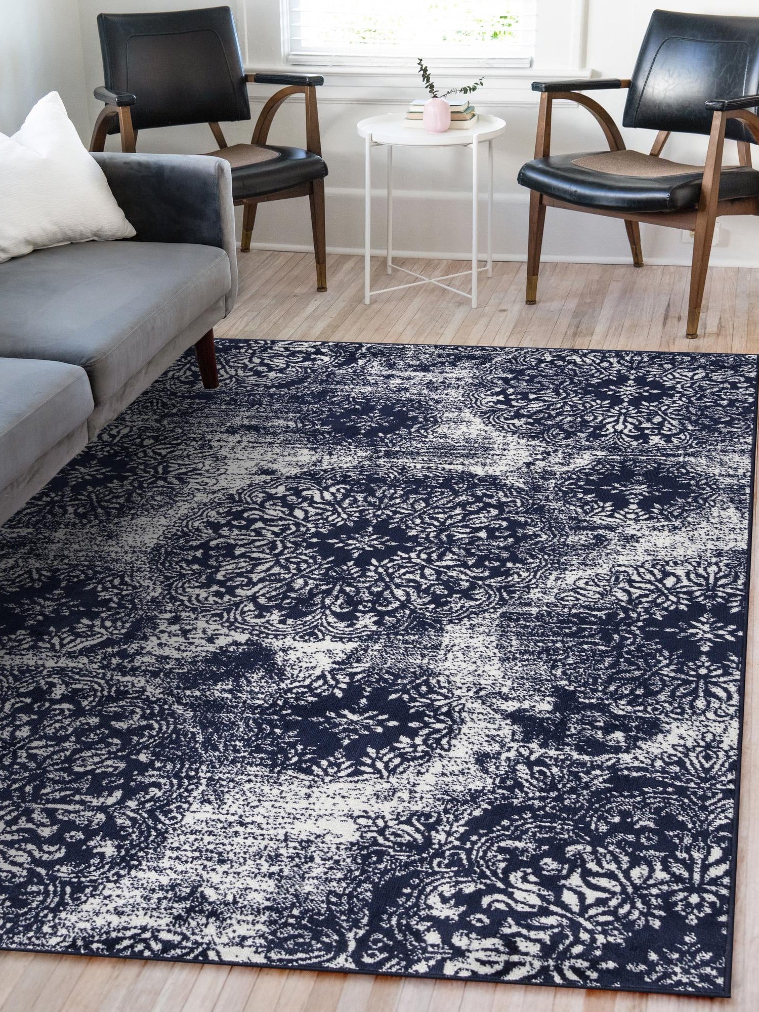 Navy Blue 7' 10 x 10' Sofia Rectangle Area Rug Durable Easy Clean Stain Resistant Unique Carpet for Affordable Interior Home Design for Sale at Rug Engine