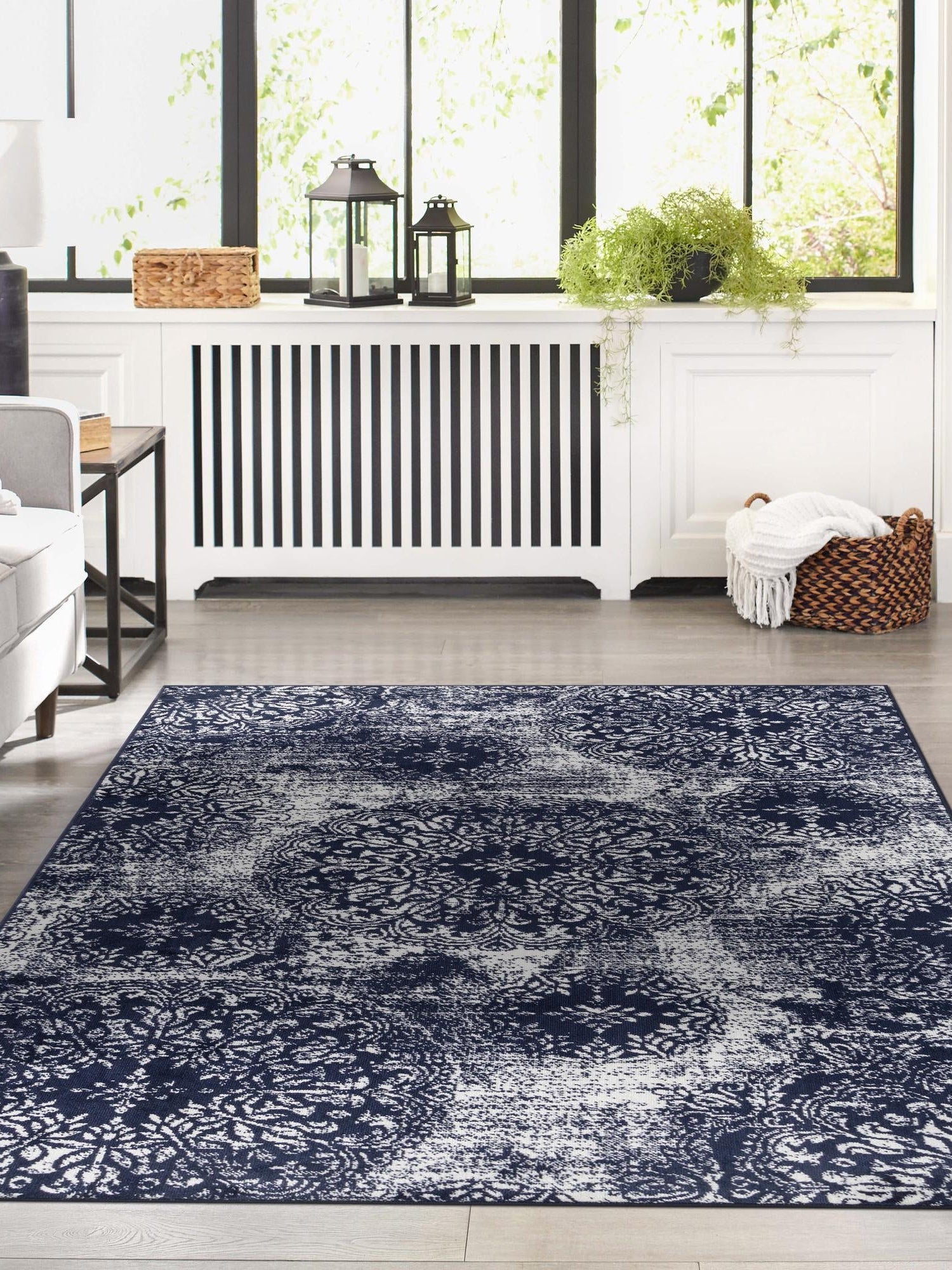 Navy Blue 5' 3 x 8' Sofia Rectangle Area Rug Durable Easy Clean Stain Resistant Unique Carpet for Affordable Interior Home Design for Sale at Rug Engine
