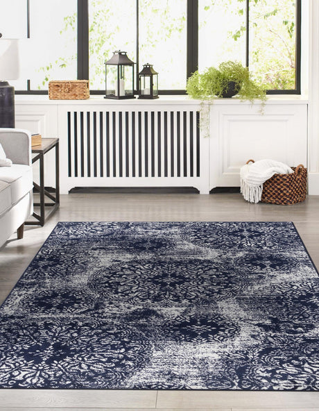 Navy Blue 4' 1 x 6' 1 Sofia Rectangle Area Rug Durable Easy Clean Stain Resistant Unique Carpet for Affordable Interior Home Design for Sale at Rug Engine