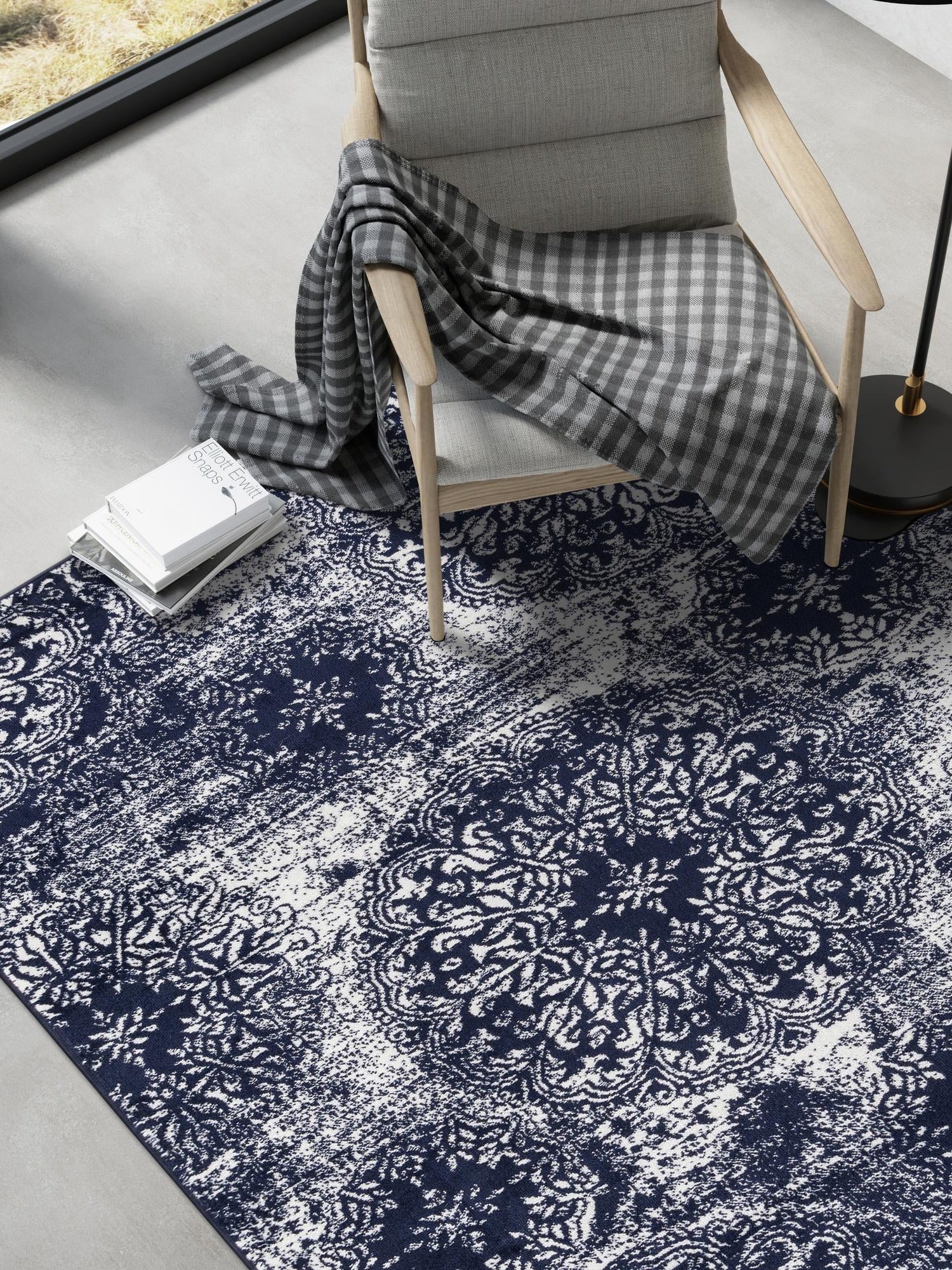 Navy Blue 6' 1 x 9' Sofia Rectangle Area Rug Durable Easy Clean Stain Resistant Unique Carpet for Affordable Interior Home Design for Sale at Rug Engine