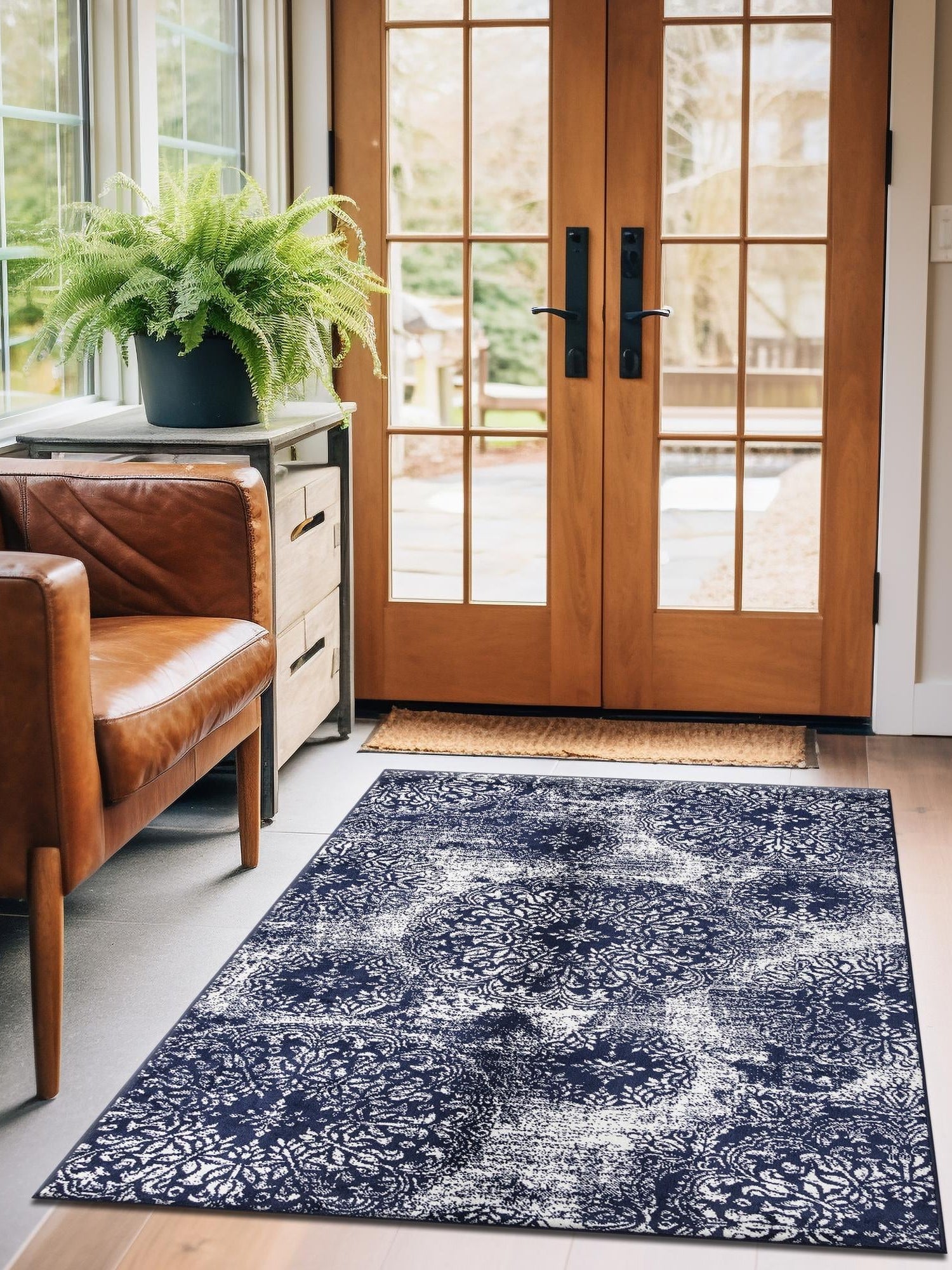 Navy Blue 4' 1 x 6' 1 Sofia Rectangle Area Rug Durable Easy Clean Stain Resistant Unique Carpet for Affordable Interior Home Design for Sale at Rug Engine