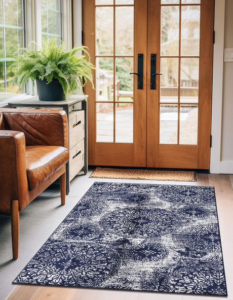 Navy Blue 4' 1 x 6' 1 Sofia Rectangle Area Rug Durable Easy Clean Stain Resistant Unique Carpet for Affordable Interior Home Design for Sale at Rug Engine