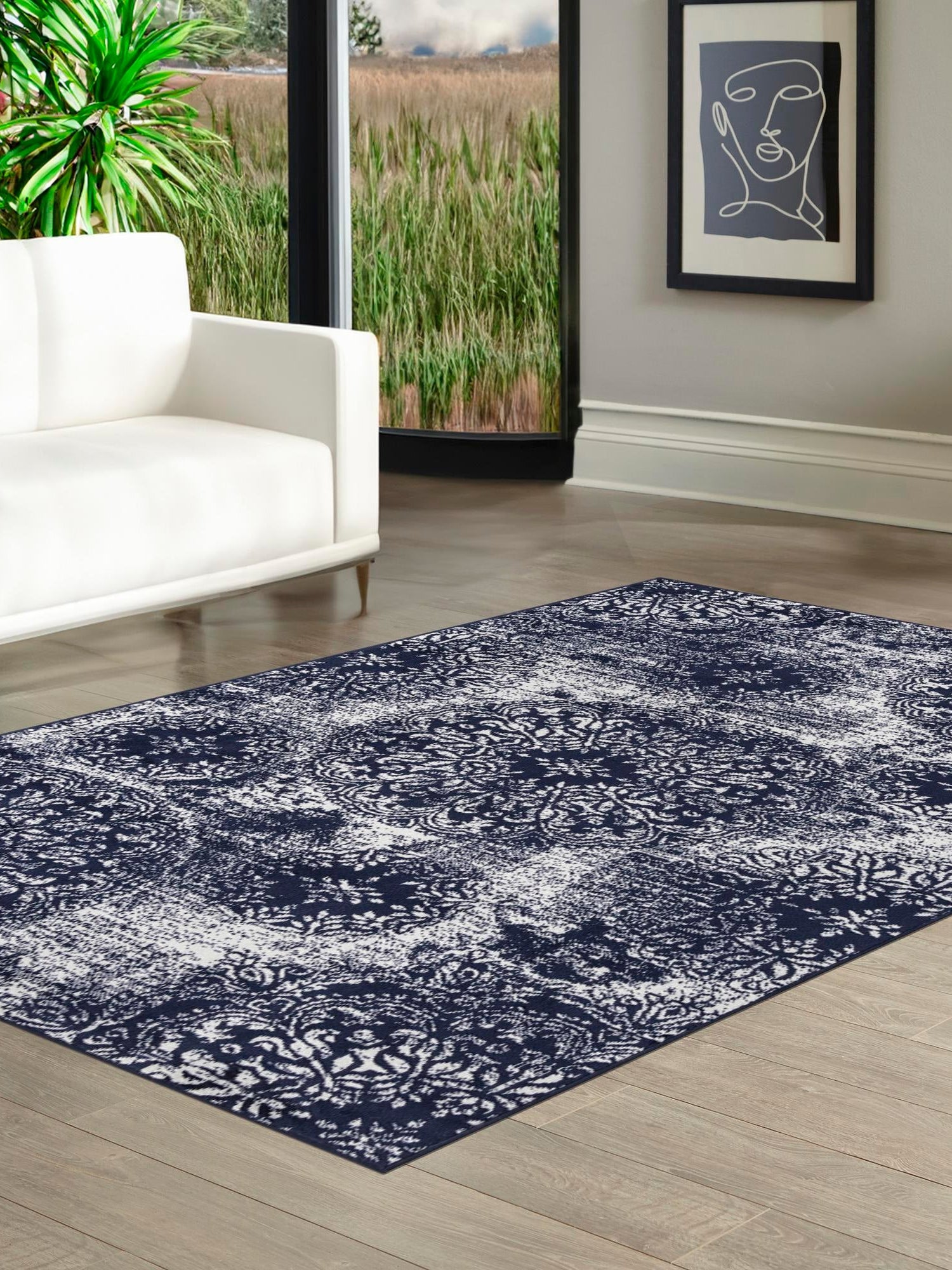 Navy Blue 7' 10 x 10' Sofia Rectangle Area Rug Durable Easy Clean Stain Resistant Unique Carpet for Affordable Interior Home Design for Sale at Rug Engine