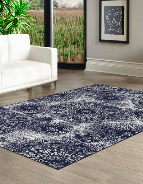 Navy Blue 7' 10 x 10' Sofia Rectangle Area Rug Durable Easy Clean Stain Resistant Unique Carpet for Affordable Interior Home Design for Sale at Rug Engine