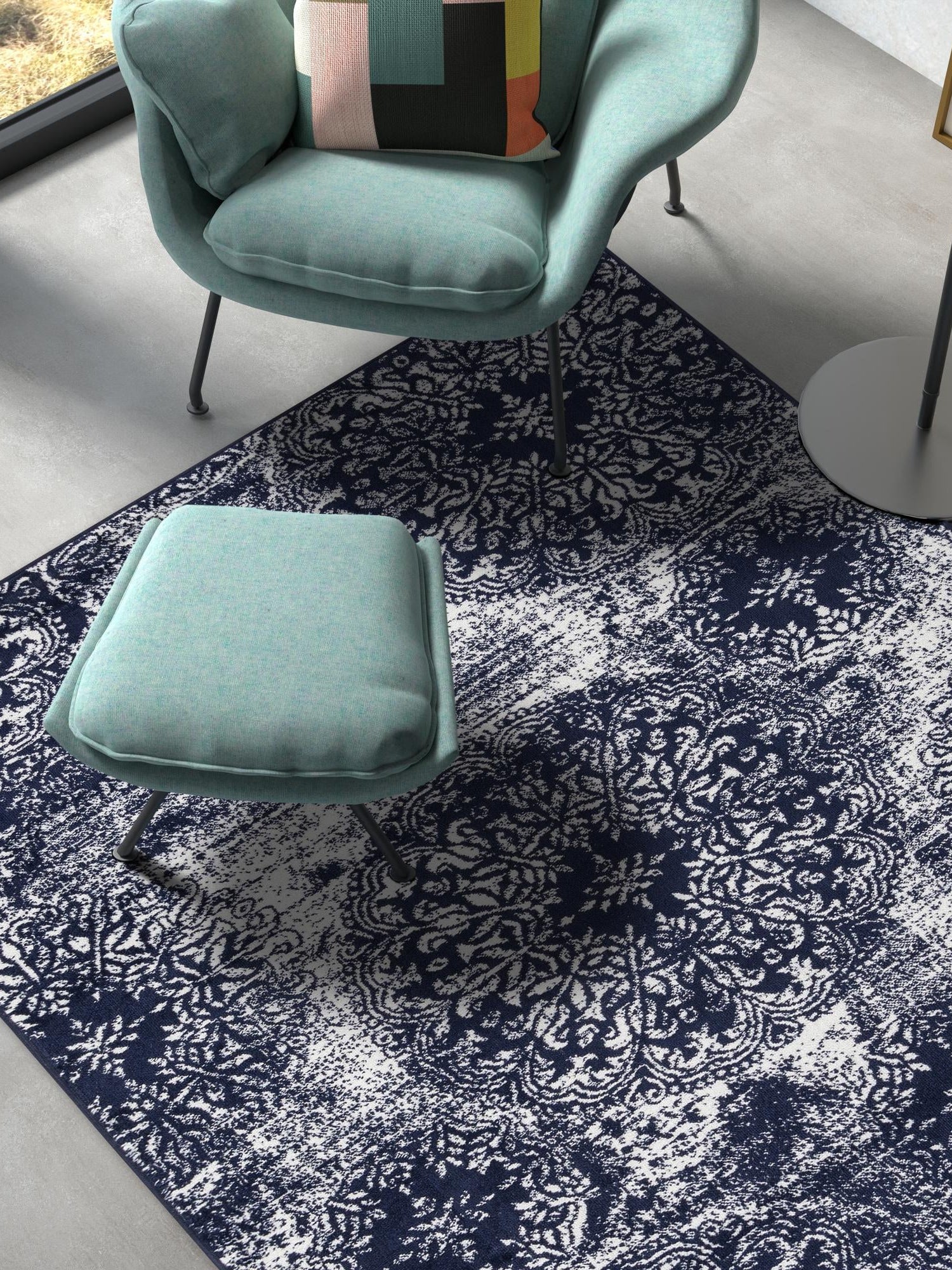 Navy Blue 7' 10 x 10' Sofia Rectangle Area Rug Durable Easy Clean Stain Resistant Unique Carpet for Affordable Interior Home Design for Sale at Rug Engine
