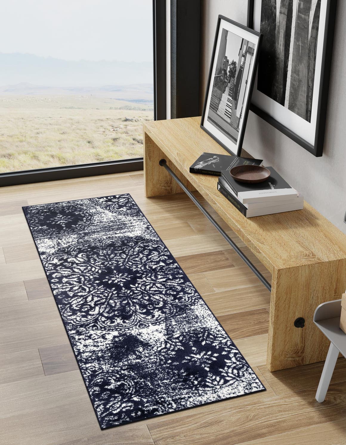 Navy Blue 3' 3 x 19' 8 Sofia Runner Area Rug Durable Easy Clean Stain Resistant Unique Carpet for Affordable Interior Home Design for Sale at Rug Engine