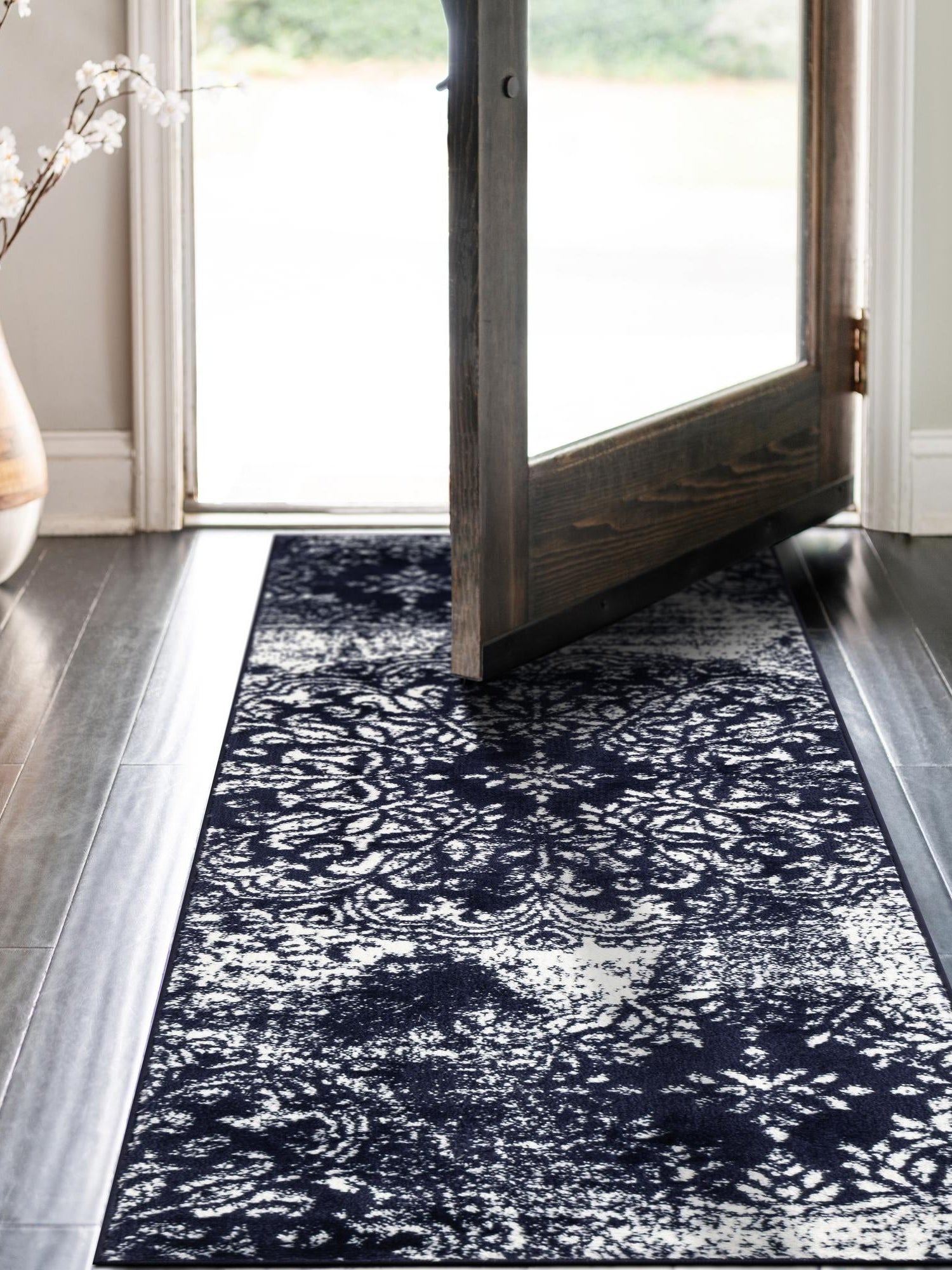 Navy Blue 2' x 13' 1 Sofia Runner Area Rug Durable Easy Clean Stain Resistant Unique Carpet for Affordable Interior Home Design for Sale at Rug Engine