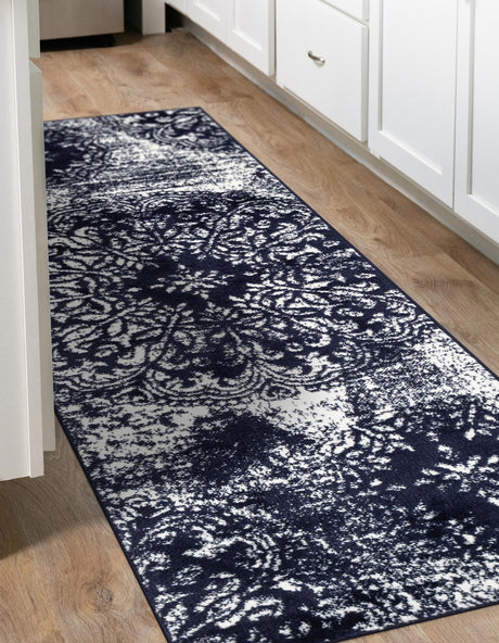 Navy Blue 3' 3 x 16' 5 Sofia Runner Area Rug Durable Easy Clean Stain Resistant Unique Carpet for Affordable Interior Home Design for Sale at Rug Engine