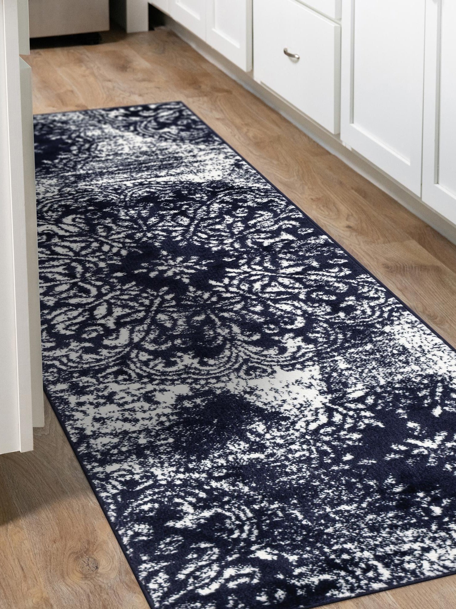 Navy Blue 2' x 9' 10 Sofia Runner Area Rug Durable Easy Clean Stain Resistant Unique Carpet for Affordable Interior Home Design for Sale at Rug Engine