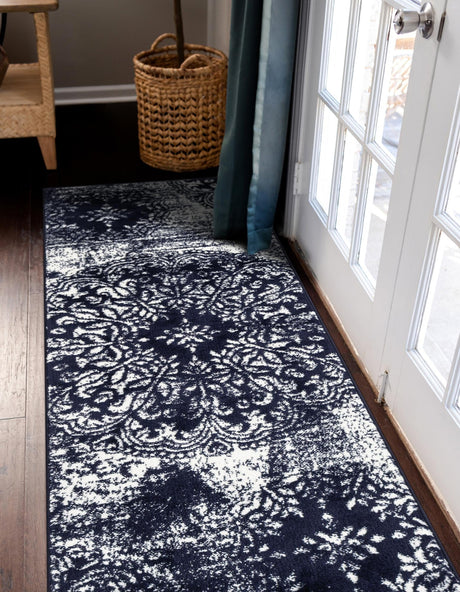 Navy Blue 3' 3 x 16' 5 Sofia Runner Area Rug Durable Easy Clean Stain Resistant Unique Carpet for Affordable Interior Home Design for Sale at Rug Engine