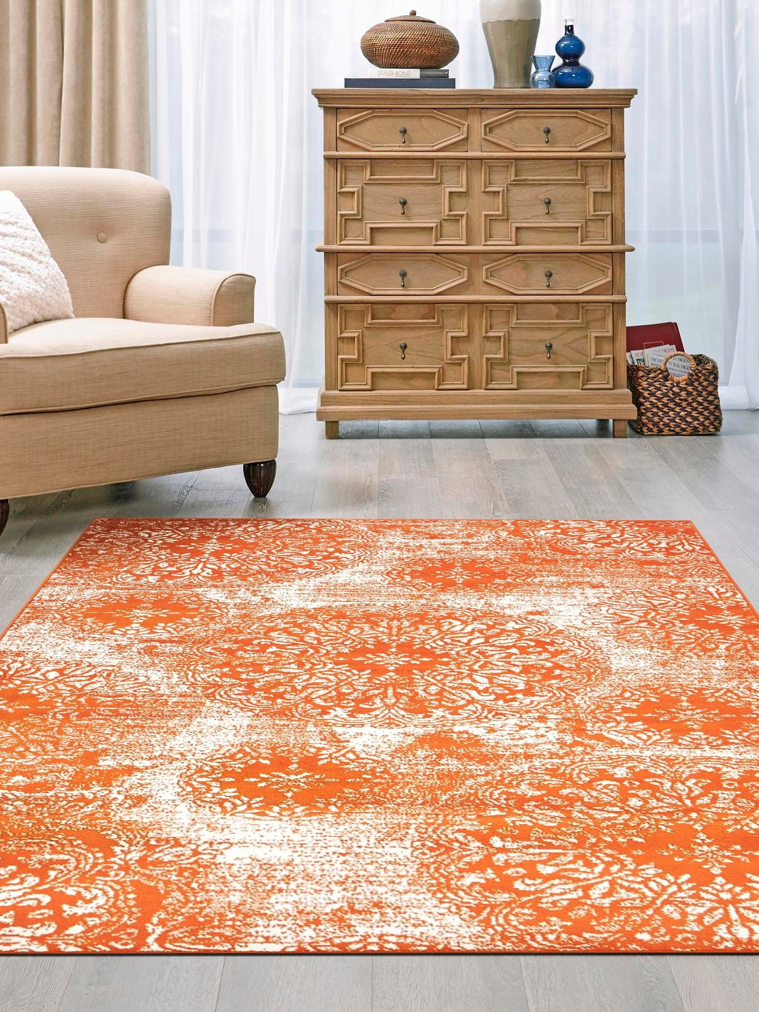 Orange 7' 1 x 10' Sofia Rectangle Area Rug Durable Easy Clean Stain Resistant Unique Carpet for Affordable Interior Home Design for Sale at Rug Engine