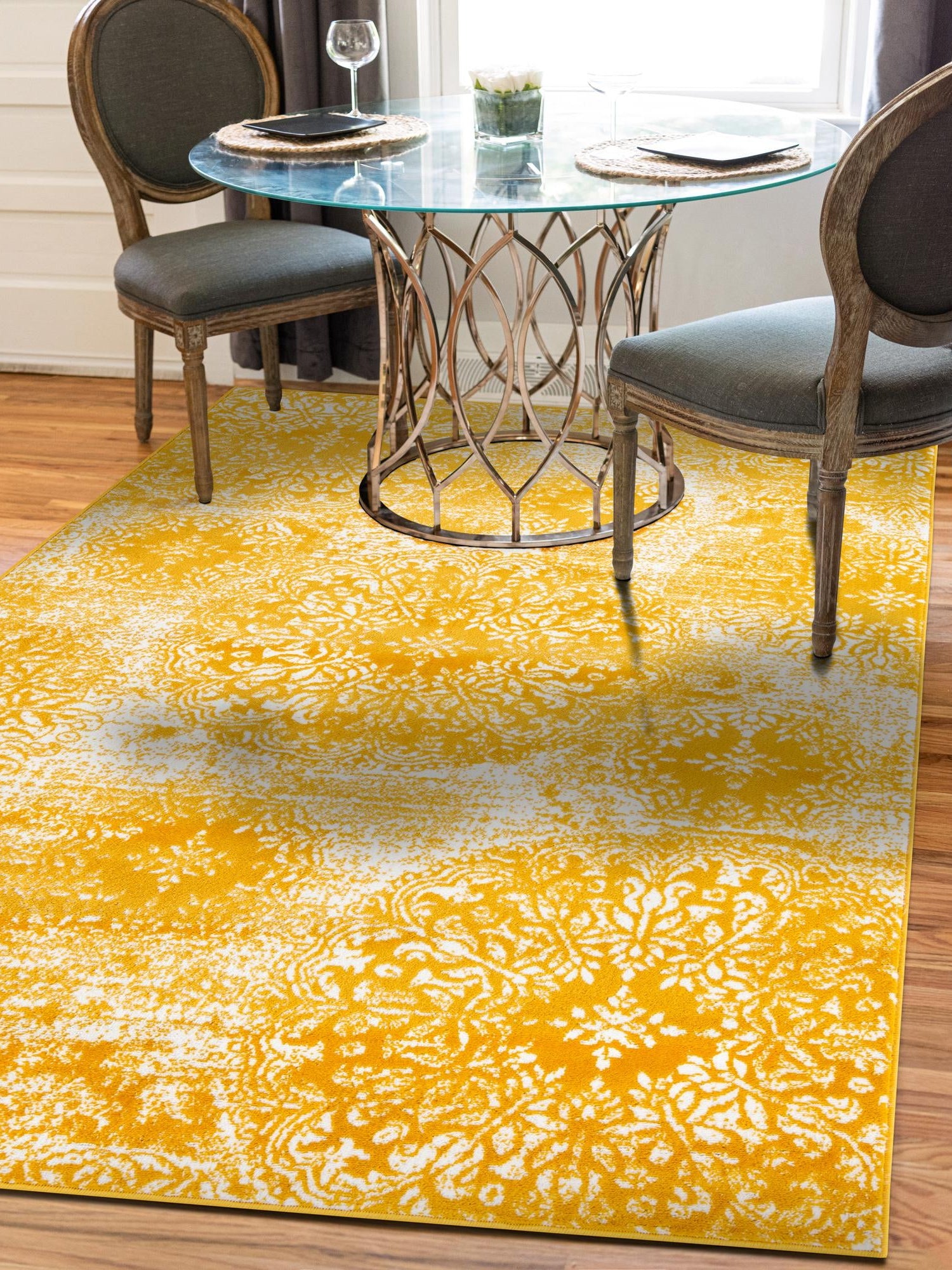 Yellow 7' 1 x 10' Sofia Rectangle Area Rug Durable Easy Clean Stain Resistant Unique Carpet for Affordable Interior Home Design for Sale at Rug Engine