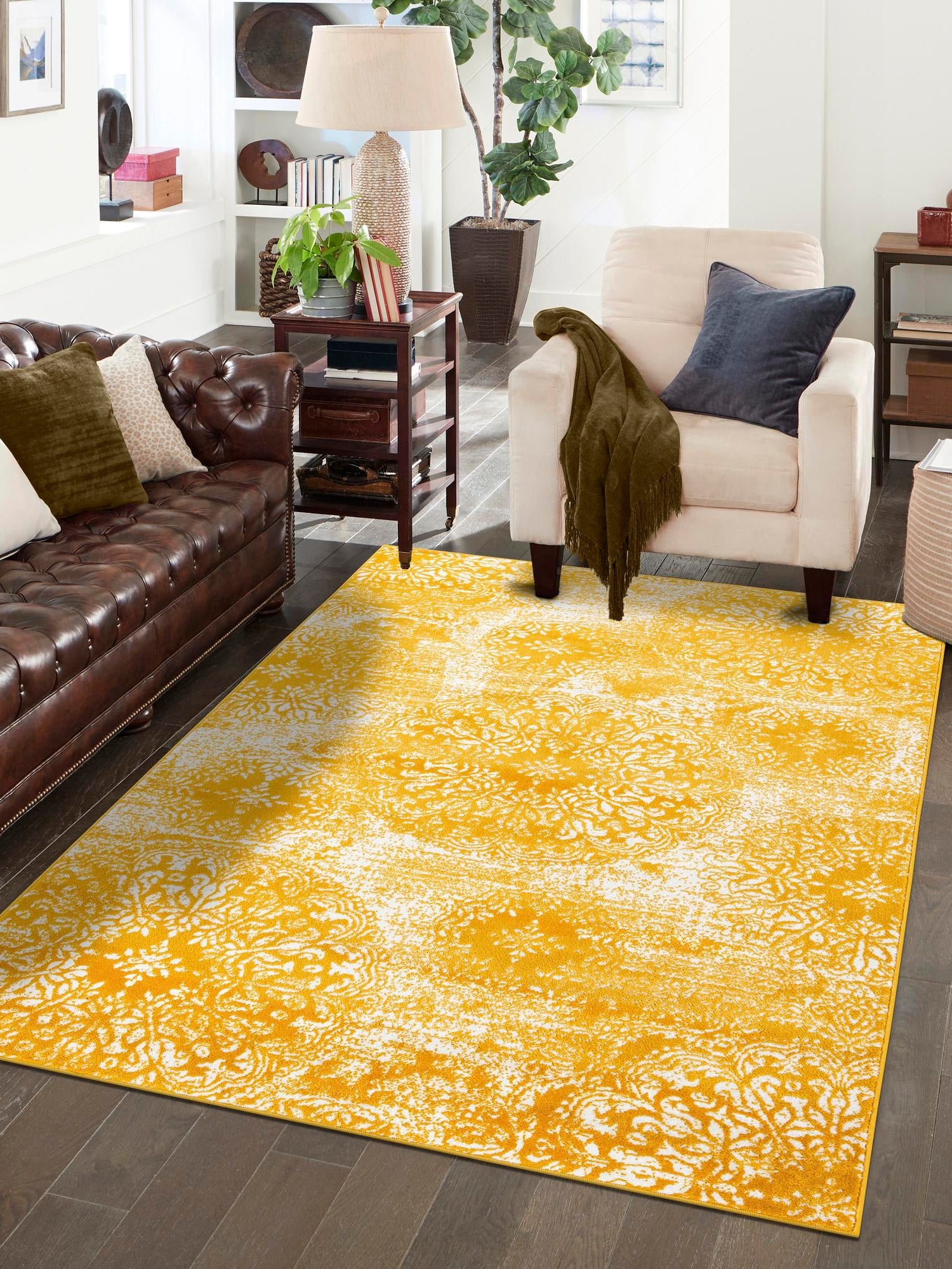 Yellow 6' 1 x 9' Sofia Rectangle Area Rug Durable Easy Clean Stain Resistant Unique Carpet for Affordable Interior Home Design for Sale at Rug Engine
