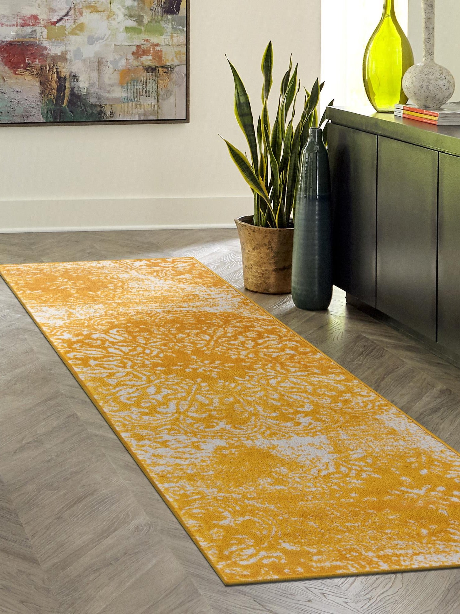 Yellow 3' 3 x 16' 5 Sofia Runner Area Rug Durable Easy Clean Stain Resistant Unique Carpet for Affordable Interior Home Design for Sale at Rug Engine