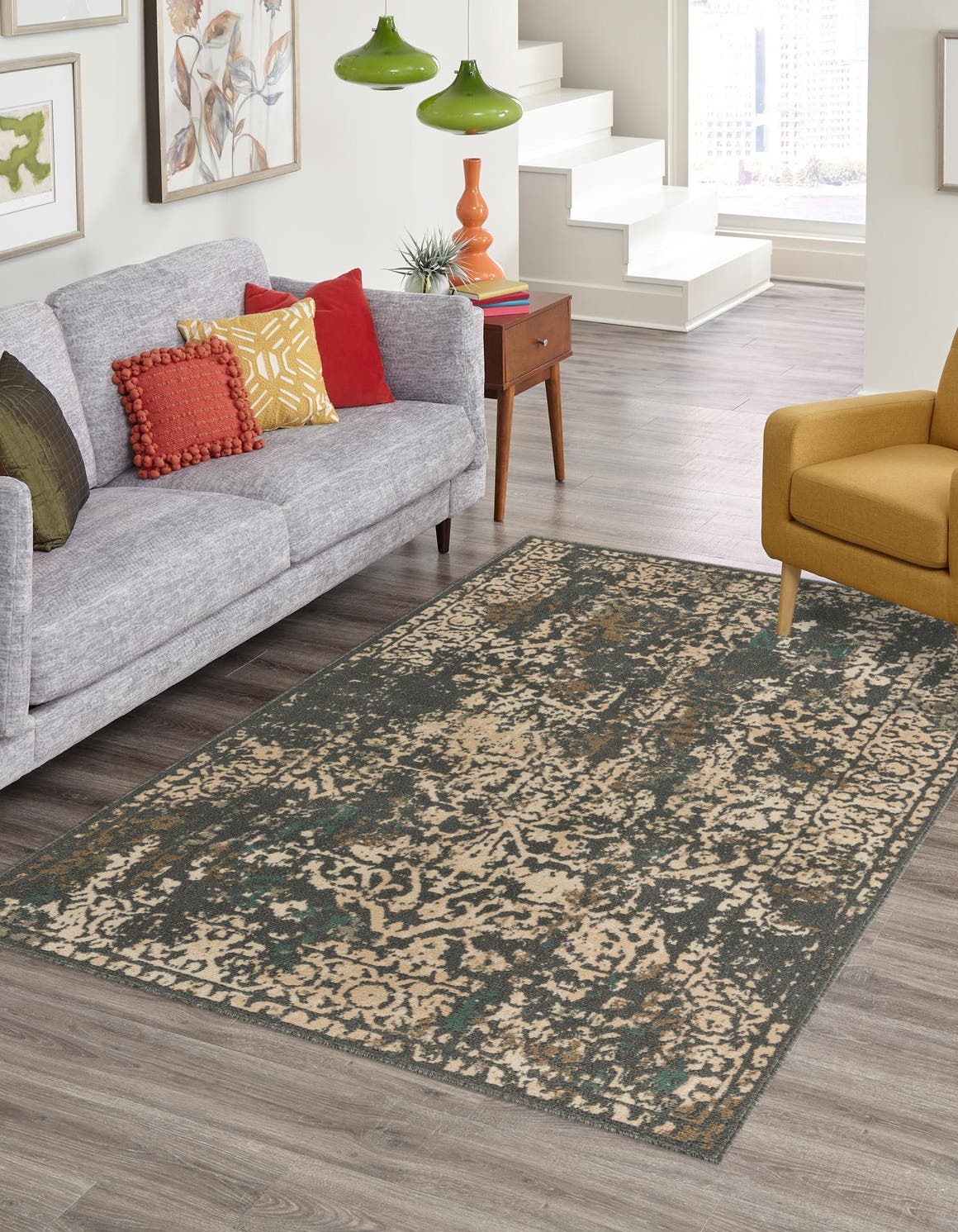 Gray 8' x 10' Tuareg Rectangle Area Rug Vintage Inspired Distressed Look Durable Easy Clean Carpet for Unique Home Interiors for Sale at Rug Engine
