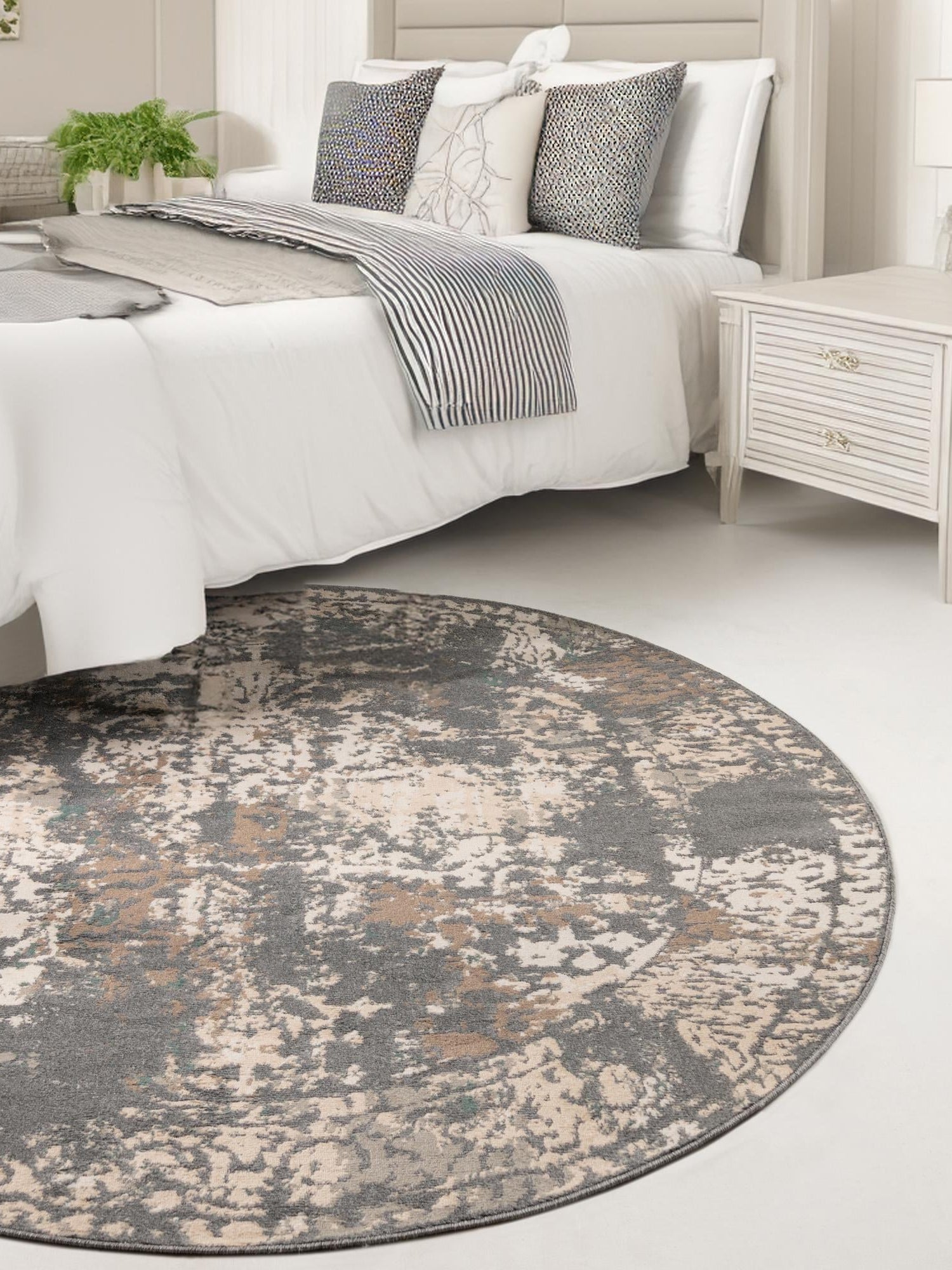 Gray 5' 3 x 5' 3 Tuareg Round Area Rug Vintage Inspired Distressed Look Durable Easy Clean Carpet for Unique Home Interiors for Sale at Rug Engine