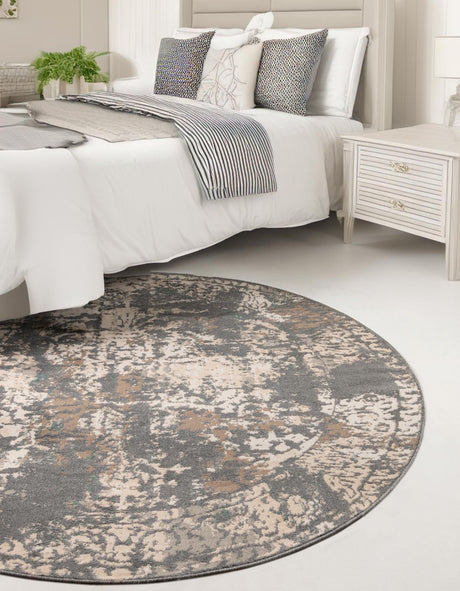 Gray 5' 3 x 5' 3 Tuareg Round Area Rug Vintage Inspired Distressed Look Durable Easy Clean Carpet for Unique Home Interiors for Sale at Rug Engine