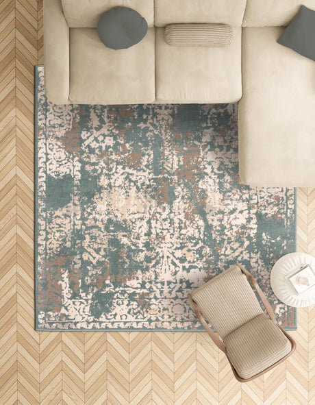 Green 8' x 8' Tuareg Square Area Rug Vintage Inspired Distressed Look Durable Easy Clean Carpet for Unique Home Interiors for Sale at Rug Engine