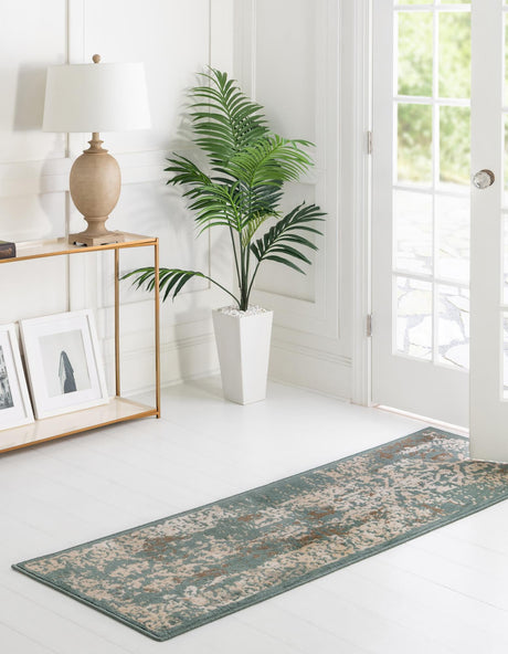 Green 2' x 6' 1 Tuareg Runner Area Rug Vintage Inspired Distressed Look Durable Easy Clean Carpet for Unique Home Interiors for Sale at Rug Engine