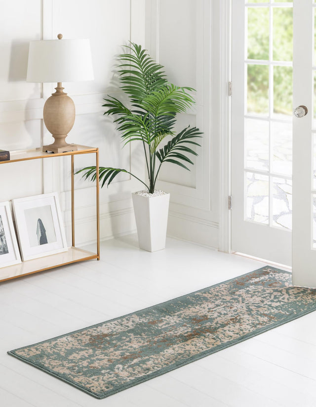 Green 2' 7 x 10' Tuareg Runner Area Rug Vintage Inspired Distressed Look Durable Easy Clean Carpet for Unique Home Interiors for Sale at Rug Engine