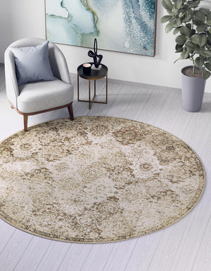 Beige 8' x 8' Tuareg Round Area Rug Vintage Inspired Distressed Look Durable Easy Clean Carpet for Unique Home Interiors for Sale at Rug Engine