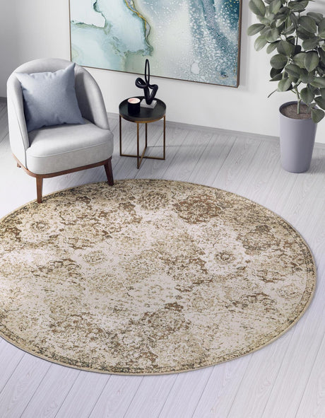 Beige 8' x 8' Tuareg Round Area Rug Vintage Inspired Distressed Look Durable Easy Clean Carpet for Unique Home Interiors for Sale at Rug Engine