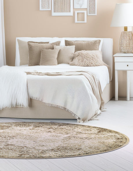 Beige 8' x 8' Tuareg Round Area Rug Vintage Inspired Distressed Look Durable Easy Clean Carpet for Unique Home Interiors for Sale at Rug Engine
