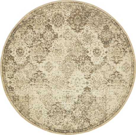 Beige 8' x 8' Tuareg Round Area Rug Vintage Inspired Distressed Look Durable Easy Clean Carpet for Unique Home Interiors for Sale at Rug Engine