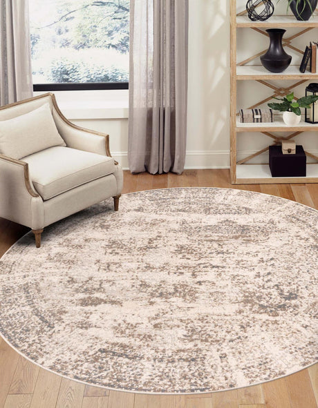 Cream 8' x 8' Tuareg Round Area Rug Vintage Inspired Distressed Look Durable Easy Clean Carpet for Unique Home Interiors for Sale at Rug Engine