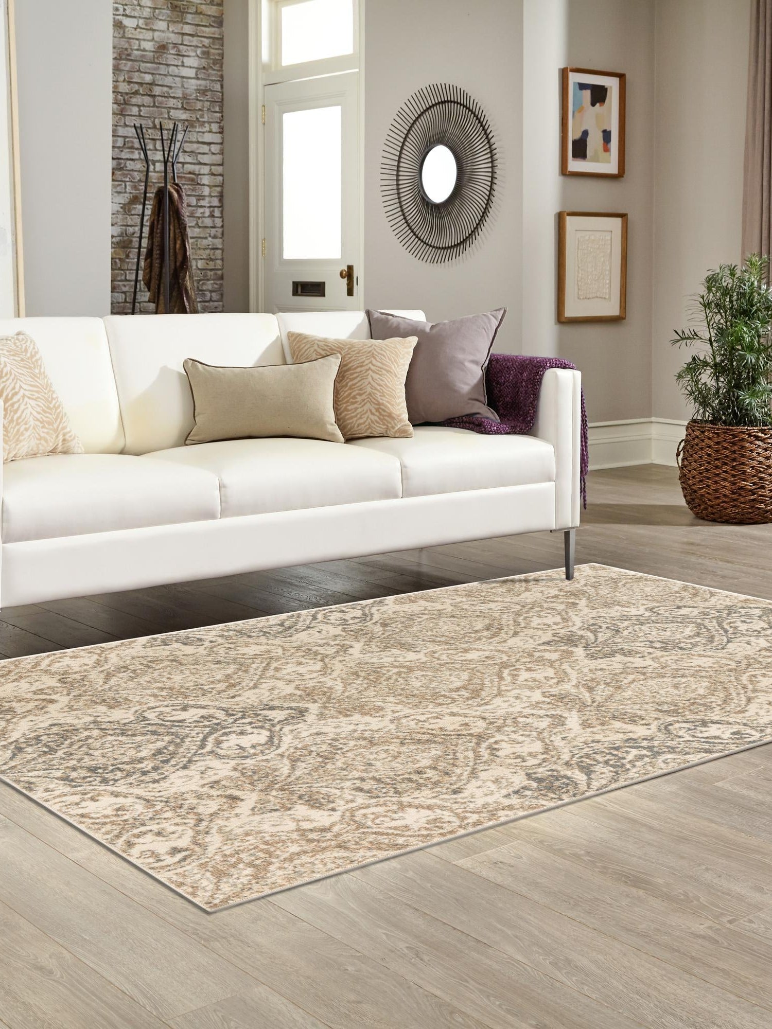 Beige 5' 1 x 8' Tuareg Rectangle Area Rug Vintage Inspired Distressed Look Durable Easy Clean Carpet for Unique Home Interiors for Sale at Rug Engine
