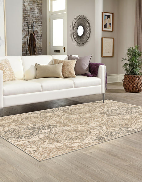 Beige 5' 1 x 8' Tuareg Rectangle Area Rug Vintage Inspired Distressed Look Durable Easy Clean Carpet for Unique Home Interiors for Sale at Rug Engine