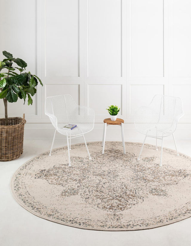 Cream 8' x 8' Tuareg Round Area Rug Vintage Inspired Distressed Look Durable Easy Clean Carpet for Unique Home Interiors for Sale at Rug Engine