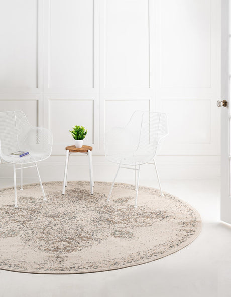 Cream 8' x 8' Tuareg Round Area Rug Vintage Inspired Distressed Look Durable Easy Clean Carpet for Unique Home Interiors for Sale at Rug Engine
