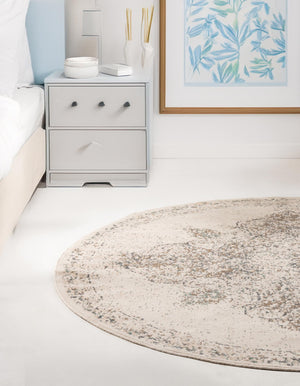 Cream 8' x 8' Tuareg Round Area Rug Vintage Inspired Distressed Look Durable Easy Clean Carpet for Unique Home Interiors for Sale at Rug Engine