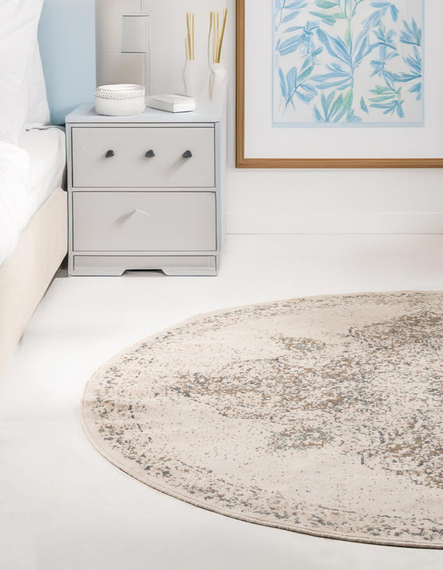Cream 8' x 8' Tuareg Round Area Rug Vintage Inspired Distressed Look Durable Easy Clean Carpet for Unique Home Interiors for Sale at Rug Engine