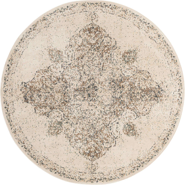 Cream 8' x 8' Tuareg Round Area Rug Vintage Inspired Distressed Look Durable Easy Clean Carpet for Unique Home Interiors for Sale at Rug Engine