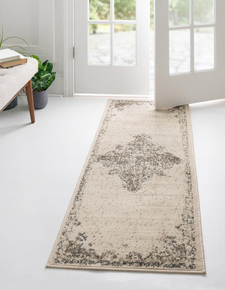 Cream 2' 7 x 10' Tuareg Runner Area Rug Vintage Inspired Distressed Look Durable Easy Clean Carpet for Unique Home Interiors for Sale at Rug Engine