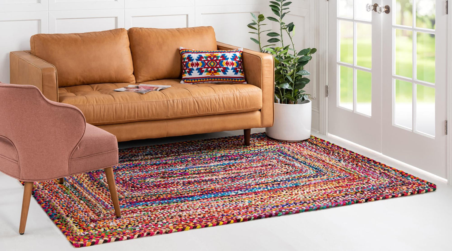 Multicolor 9' x 12' 2 Braided Chindi Rectangle Area Rug 100% Cotton Hand Braided Natural Eco-Friendly Boho Style Modern Carpet for Living Rooms Dining Office Dorm for Sale at Rug Engine