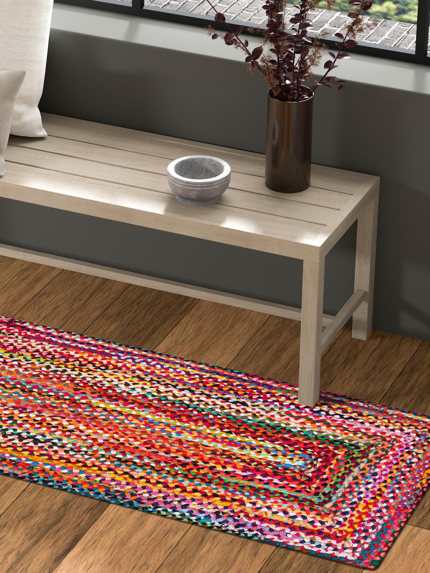 Multicolor 2' 7 x 8' Braided Chindi Runner Area Rug 100% Cotton Hand Braided Natural Eco-Friendly Boho Style Modern Carpet for Living Rooms Dining Office Dorm for Sale at Rug Engine