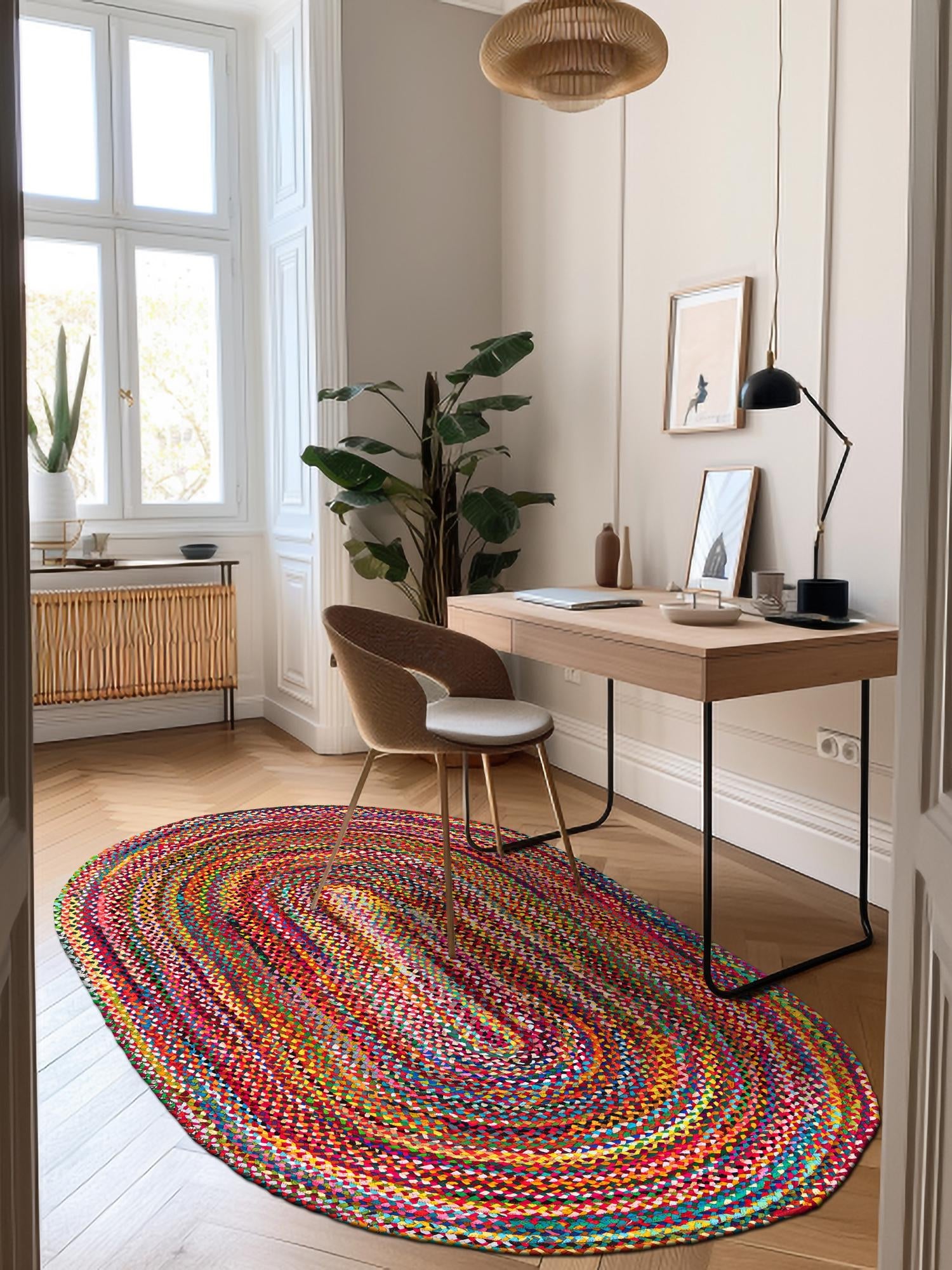 Multicolor 5' 1 x 8' Braided Chindi Oval Area Rug 100% Cotton Hand Braided Natural Eco-Friendly Boho Style Modern Carpet for Living Rooms Dining Office Dorm for Sale at Rug Engine