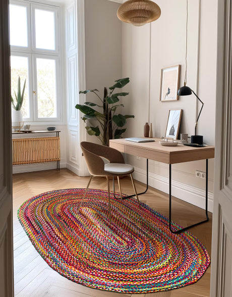Multicolor 5' 1 x 8' Braided Chindi Oval Area Rug 100% Cotton Hand Braided Natural Eco-Friendly Boho Style Modern Carpet for Living Rooms Dining Office Dorm for Sale at Rug Engine