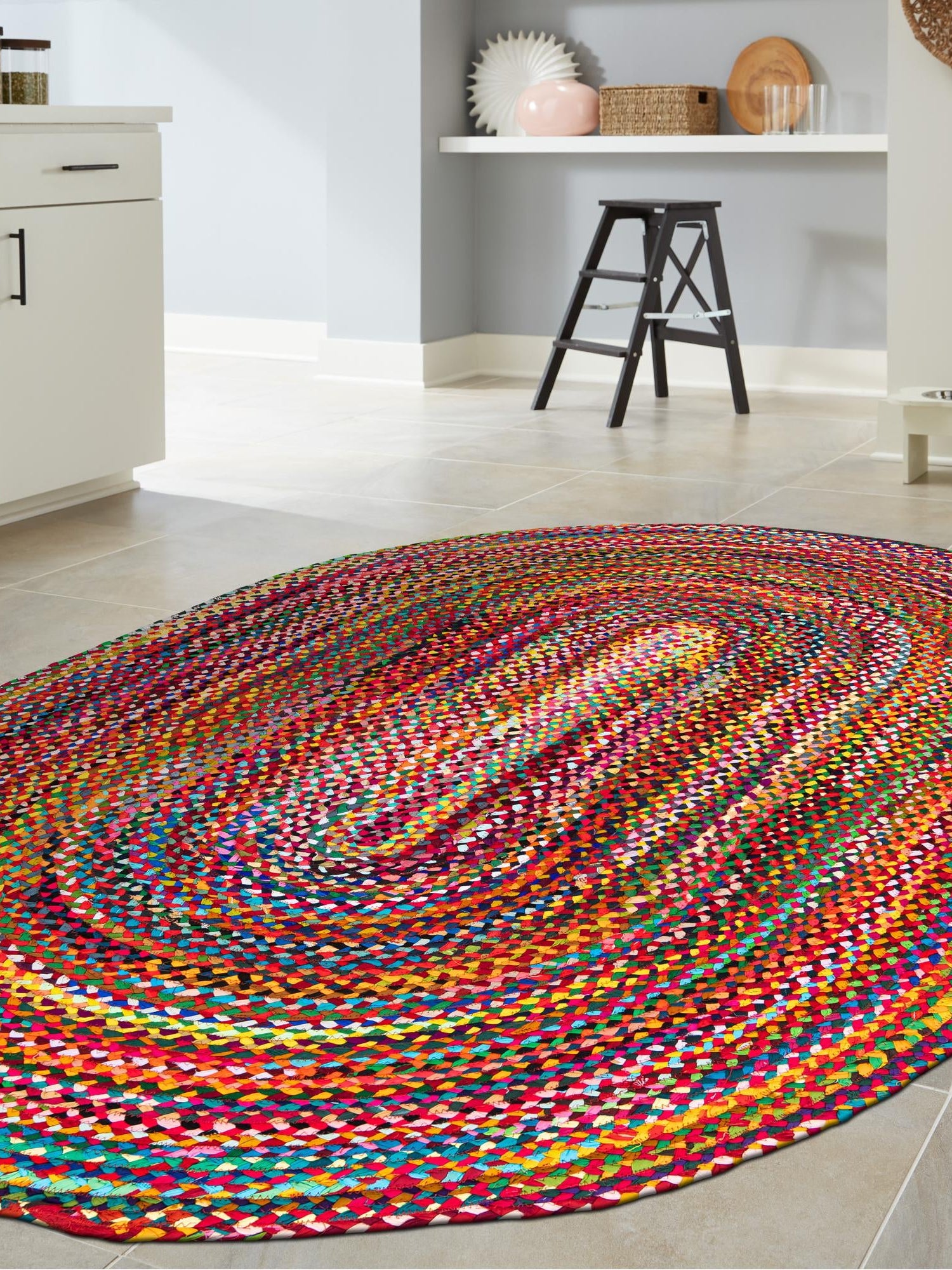 Multicolor 5' 1 x 8' Braided Chindi Oval Area Rug 100% Cotton Hand Braided Natural Eco-Friendly Boho Style Modern Carpet for Living Rooms Dining Office Dorm for Sale at Rug Engine