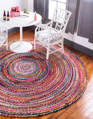 Multicolor 6' 1 x 6' 1 Braided Chindi Round Area Rug 100% Cotton Hand Braided Natural Eco-Friendly Boho Style Modern Carpet for Living Rooms Dining Office Dorm for Sale at Rug Engine