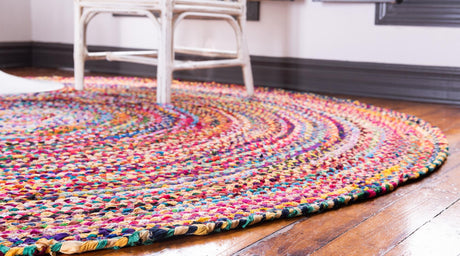 Multicolor 6' 1 x 6' 1 Braided Chindi Round Area Rug 100% Cotton Hand Braided Natural Eco-Friendly Boho Style Modern Carpet for Living Rooms Dining Office Dorm for Sale at Rug Engine